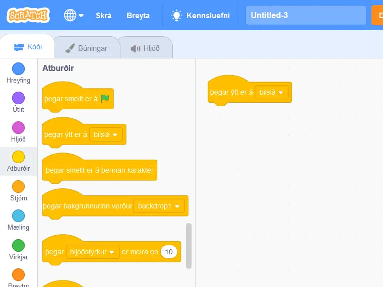 Scratch atburðakubbur fyrir bilhnapp