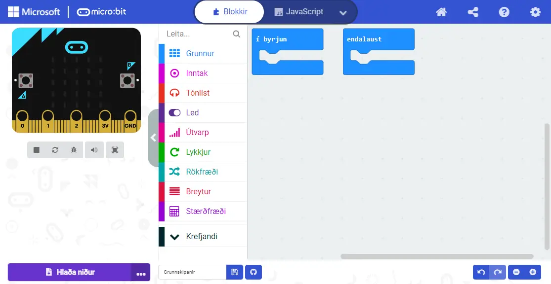MakeCode ritillinn með micro:bit hermi og forritunarsvæði