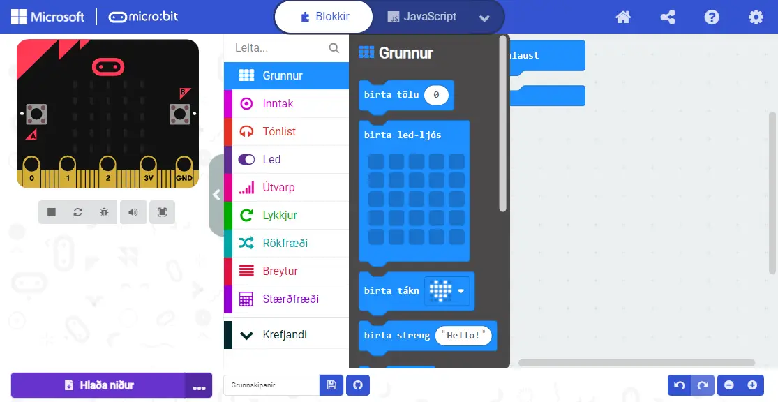 Birta led-ljós púsl dregið inn í MakeCode