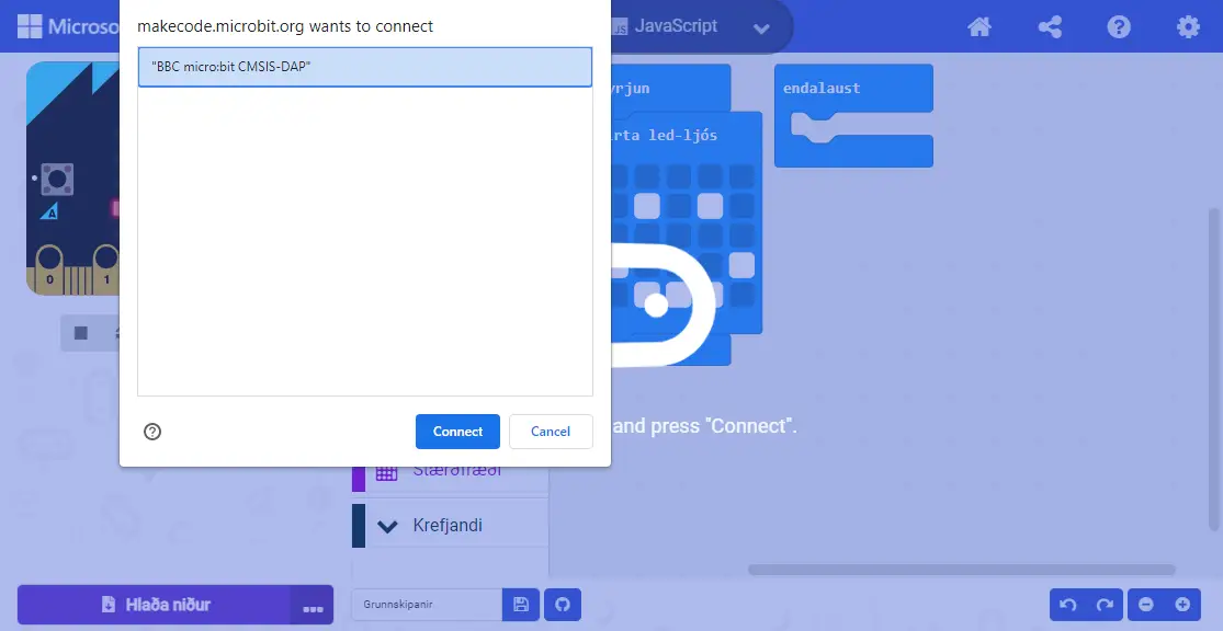 Microbit valinn í pörunarglugga