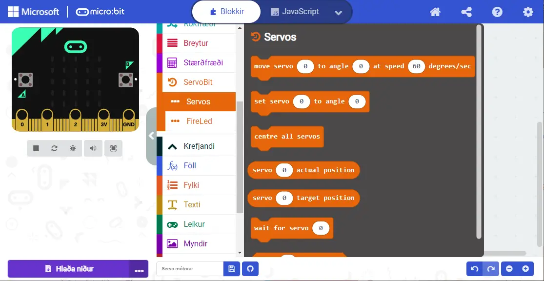 ServoBit stillingar í MakeCode