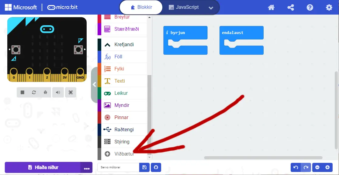 ServoBit viðbót sótt í MakeCode
