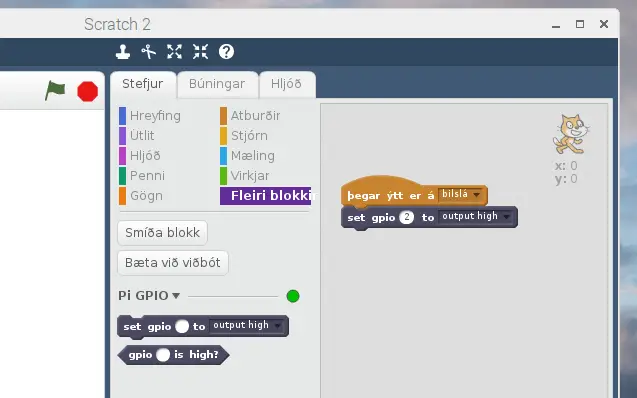GPIO pinni stilltur hár í Scratch